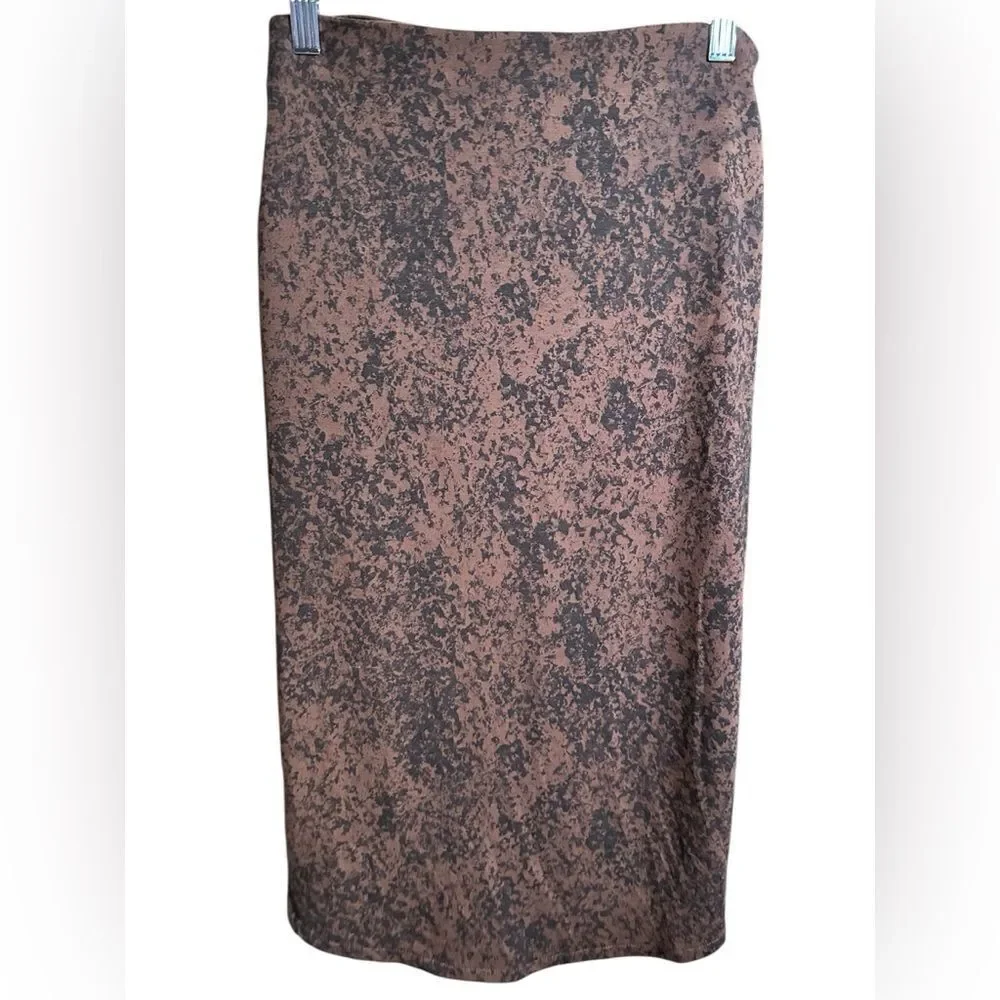 NWT Open Edit Women’s Brown Micro Black Print Faux Wrap Knee Length Skirt - XS